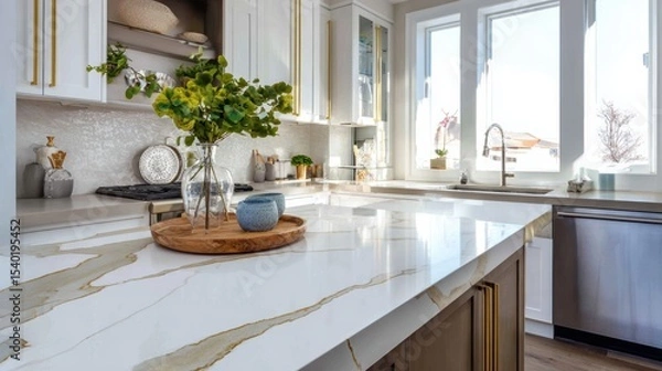 Obraz gold veined counter top quartz in modern kitchen