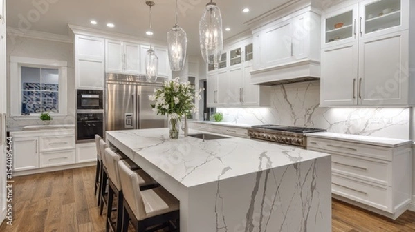 Obraz gold veined counter top quartz in modern kitchen