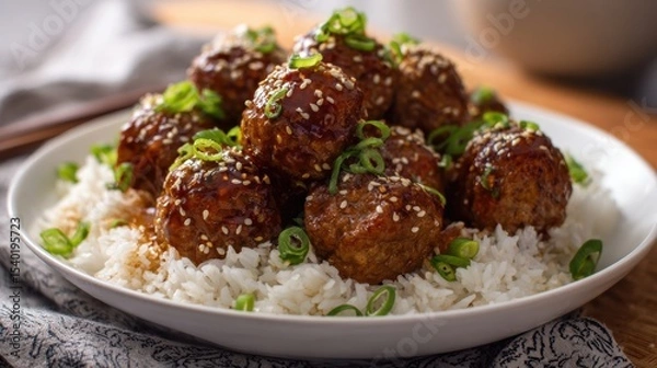 Obraz Sticky Pineapple Soy Meatballs served on a platter with rice, garnished with sesame seeds and green onions