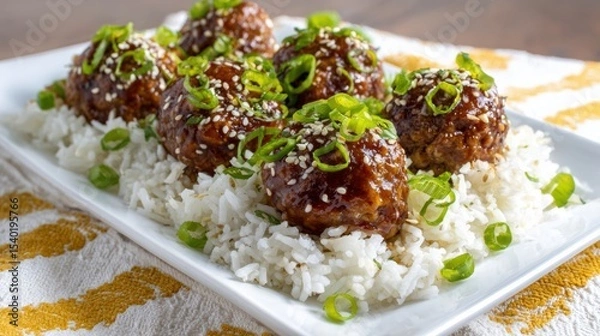 Obraz Sticky Pineapple Soy Meatballs served on a platter with rice, garnished with sesame seeds and green onions