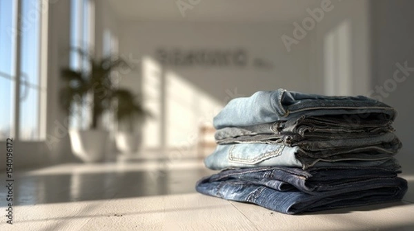 Obraz stack of blue jeans, placed on a table in a beautiful and clean room
