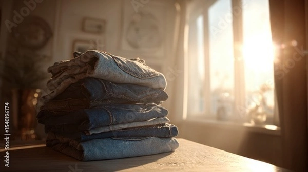 Obraz stack of blue jeans, placed on a table in a beautiful and clean room