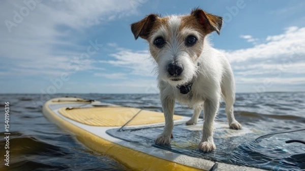 Obraz jack russel dog puppy stands on a standup paddle board SUP
