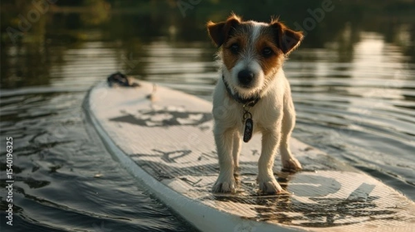 Obraz jack russel dog puppy stands on a standup paddle board SUP