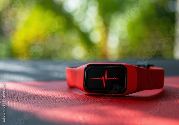 Obraz fitness smartwatch displaying heart rate monitor on a colorful background, symbolizing health tracking and technology integration in daily life
