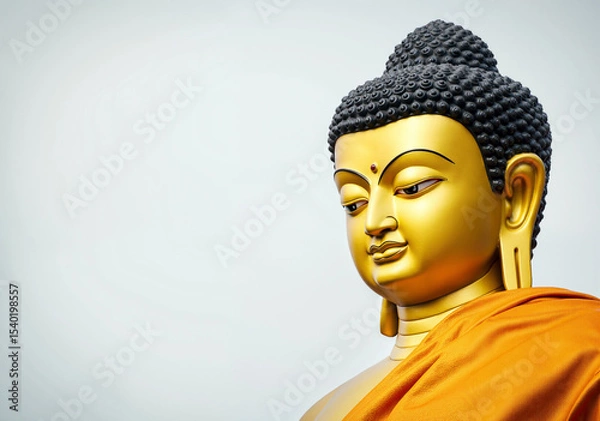 Obraz buddha statue with golden finish and orange robe, symbolizing peace and spirituality against a serene background