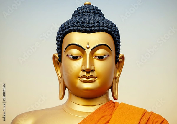 Obraz golden buddha statue with serene expression wearing orange robe against a clear sky highlight cultural symbolism and spiritual tranquility