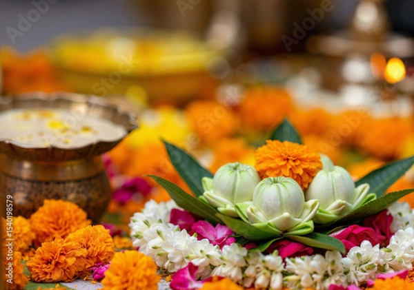 Obraz decorative floral arrangement with white lotus and marigold flowers for a festive celebration, symbolizing purity and devotion in spiritual rituals