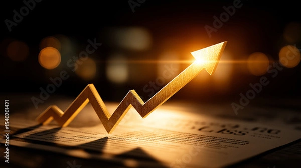 Obraz Ascending Trajectory: A radiant gold arrow, a symbol of growth, surges upward against a dim backdrop. This image conveys concepts of financial success and business advancement.