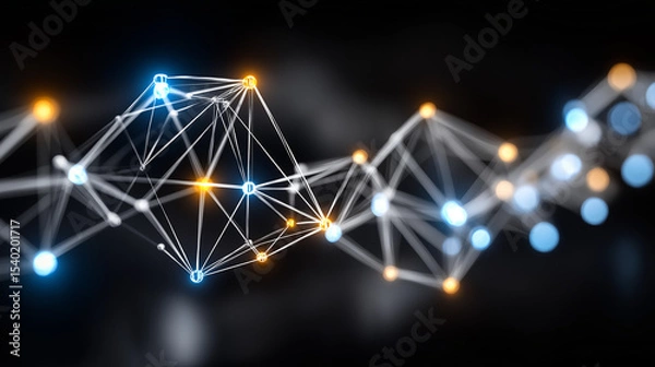 Fototapeta Abstract Neural Network: A luminous network of interconnected nodes and lines glows against a dark backdrop, symbolizing connectivity, data flow, and technological innovation.