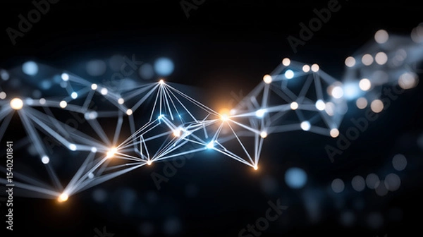 Obraz Network of Brilliance: An intricate network of glowing nodes connected by lines pulsates with energy against a dark background, symbolizing the complex interconnectedness of technology and data. 