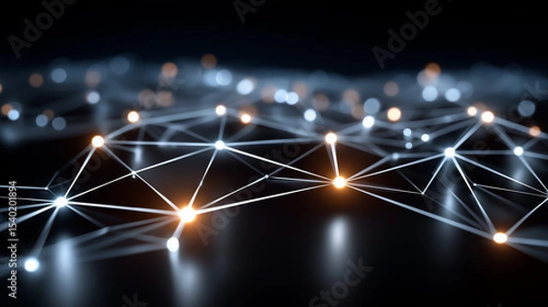 Obraz Network of interconnected nodes: Abstract network of interconnected nodes glowing with light, symbolizing connectivity, data flow, and technological advancement