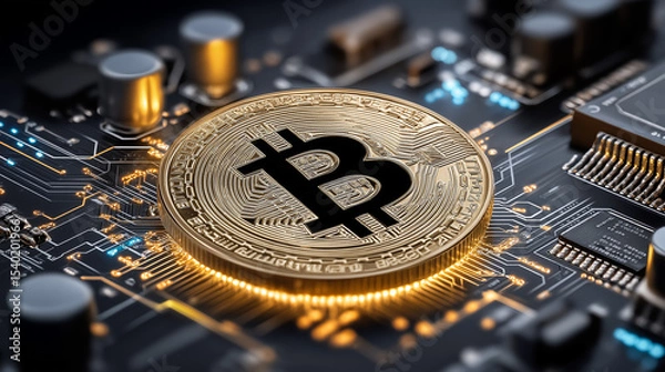 Obraz Bitcoin on a Circuit Board: A gleaming gold Bitcoin rests atop a complex circuit board, symbolizing the fusion of digital currency and modern technology.