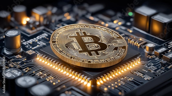 Fototapeta Bitcoin in Circuit: A close-up of a golden bitcoin coin placed strategically on a intricate circuit board, highlighting digital finance, electronic trading.