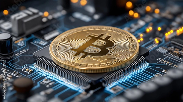 Obraz Bitcoin on Circuit Board: A gleaming Bitcoin coin rests majestically on a vibrant circuit board, symbolizing the fusion of digital currency and cutting-edge technology.