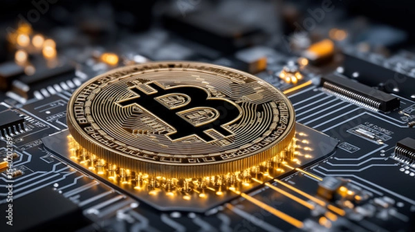 Fototapeta Bitcoin on Circuit: A close-up showcasing a golden bitcoin resting atop a sophisticated computer circuit board, symbolizes digital currency's integration with cutting-edge technology.