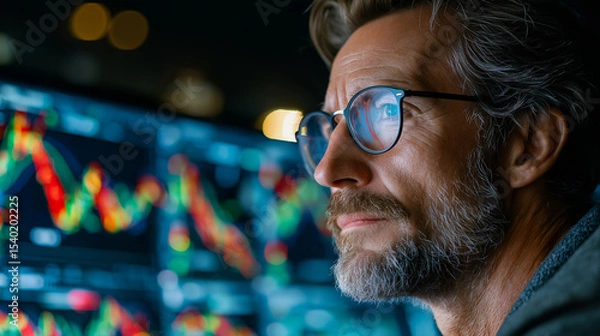 Fototapeta Intense Focus: An analyst engrossed in a sea of financial data, his determined gaze reflecting a passion for markets and numbers, showcasing deep thought in dynamic world.