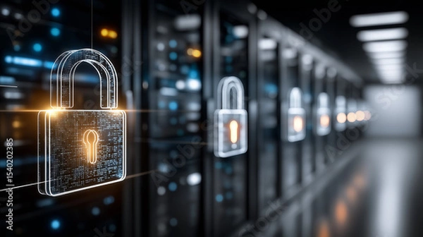 Obraz Data Protection & Security: The image captures data protection concept in a server room with symbolic lock