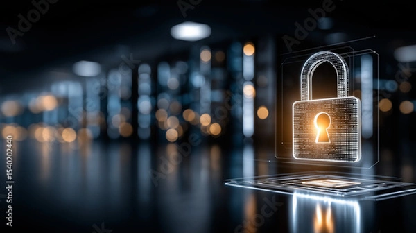 Obraz Digital Security: A glowing digital padlock hovering over a laptop in a dimly lit server room represents the critical importance of data protection and cybersecurity in our interconnected world.