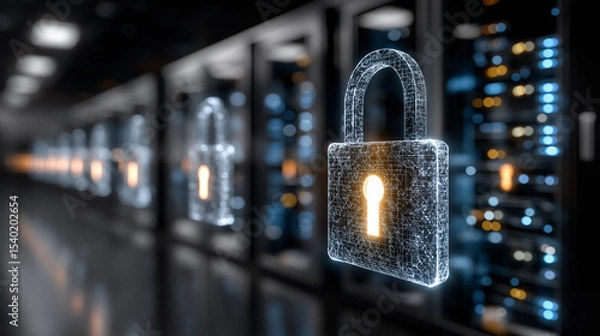 Obraz Digital Fortress: Conceptual security scene with illuminated padlock symbols overlaying a server room, depicting data protection and cyber security.