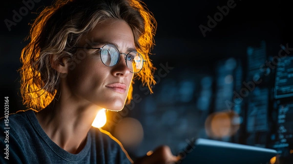 Obraz Coding the Future: A determined young programmer with glasses engrossed in her work, the glow of a monitor illuminating her face. A story of innovation and focus.