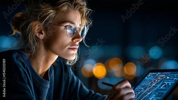 Fototapeta Focused Vision: A determined individual, illuminated by the soft glow of a tablet screen, engrossed in analyzing intricate data, the deep shadows accentuate her sharp focus.