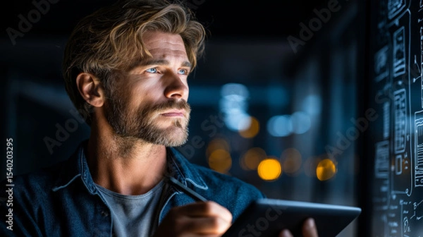 Fototapeta Visionary Engineer: A focused, professional individual, engrossed in intricate technological schematics with a tablet, embodying expertise and innovation in a cutting-edge environment.