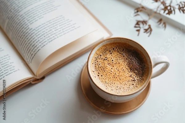 Fototapeta Cup of coffee and open book on white table.Top view