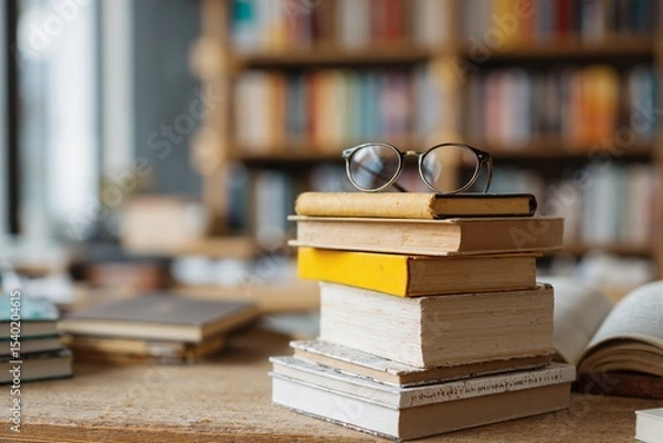 Fototapeta There is a stack of books with glasses on a wooden table in the library