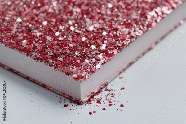 Fototapeta Close-up of a closed white book with its cover covered in red glitter in the shape of hearts. On a white background