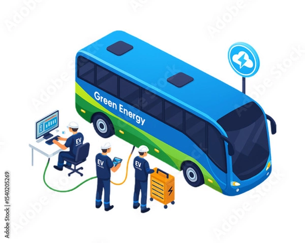 Obraz Electric Bus Charging Station Green Energy Technicians Inspecting a Modern Eco-Friendly Vehicle at a Charging Point