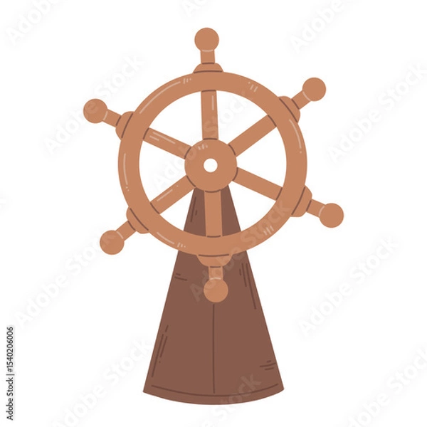 Fototapeta The ship's steering rudder wheel in a cartoon flat style isolated on a white background. Vector illustration.