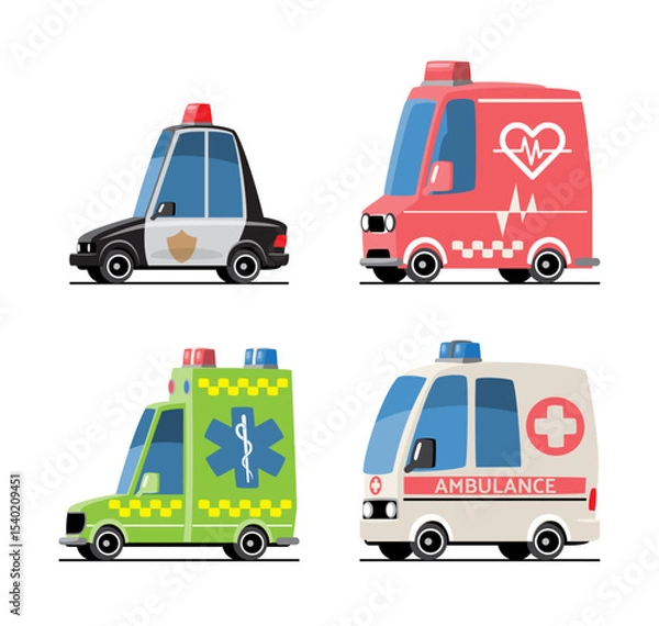 Fototapeta Emergency vehicles cartoon illustration . Included police car, ambulance and volunteer rescue vehicle . Flat design . Isolate on white background . Vector .