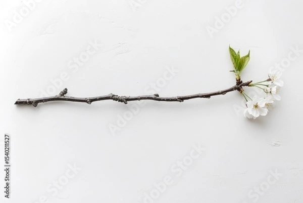 Fototapeta A long, thin branch with blossoms rests on a textured white surface