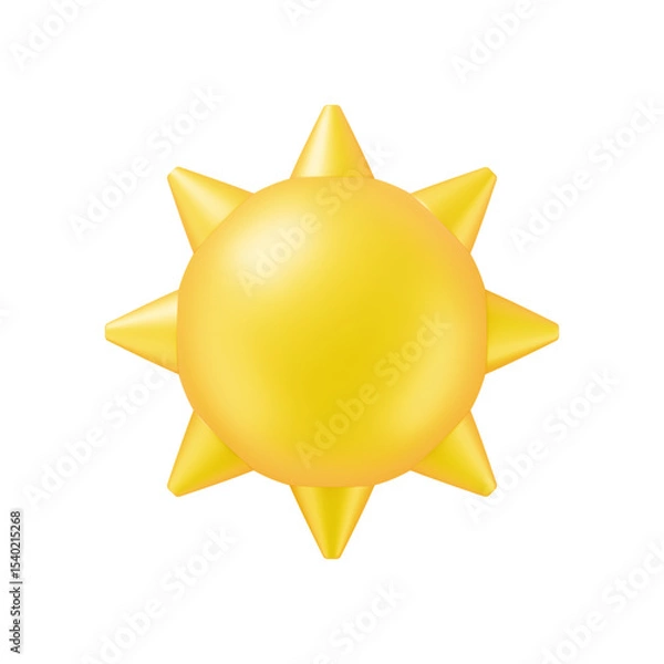 Fototapeta Glossy yellow sun icon with pointed rays in a soft 3D render style isolated on white background. Vector illustration sun object for summer mobile apps, weather forecasts or promotional sale materials