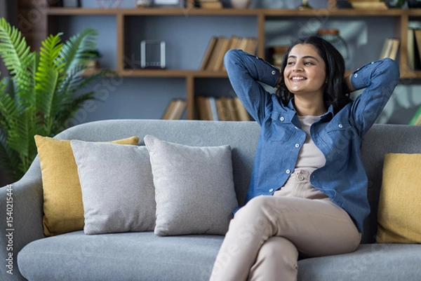 Fototapeta Smiling and relaxed young Indian girl sitting on the couch at home, hands behind her head and resting