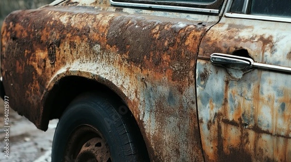 Fototapeta Old damaged car surface with visible rust, corrosion and peeling paint on metal body panels, close-up of vehicle decay representing aging, neglect, and automotive deterioration in urban environment