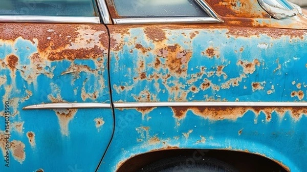 Fototapeta Old damaged car surface with visible rust, corrosion and peeling paint on metal body panels, close-up of vehicle decay representing aging, neglect, and automotive deterioration in urban environment