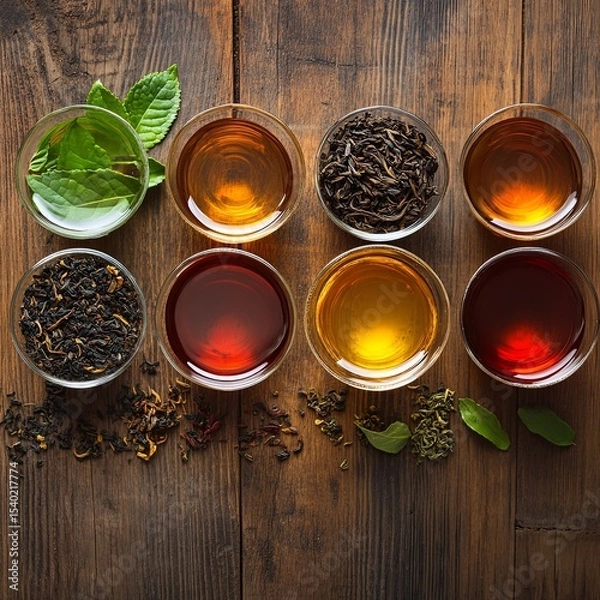 Fototapeta various types of tea on a wooden background