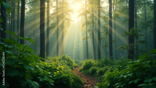 Fototapeta Sunlight filtering through trees with peaceful mood in lush forest path