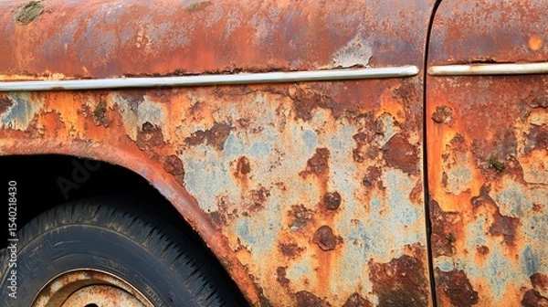 Fototapeta Old damaged car surface with visible rust, corrosion and peeling paint on metal body panels, close-up of vehicle decay representing aging, neglect, and automotive deterioration in urban environment