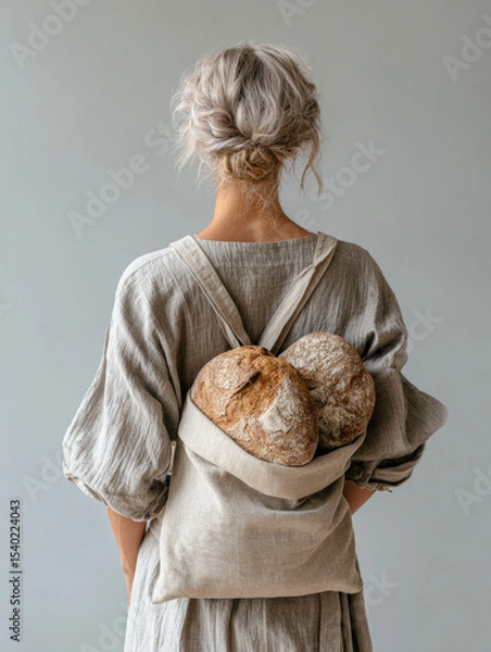 Fototapeta Homemade sourdough loaves in a rustic bag carried by a woman in a minimalist kitchen setting