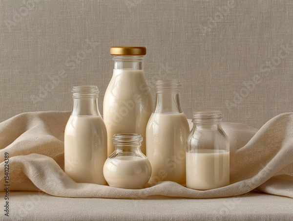 Fototapeta Eco-friendly glass baby bottles arranged on a soft fabric background showcasing a minimalist feeding solution for parents