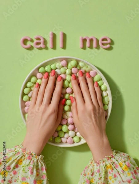 Fototapeta Colorful retro candy message flatlay with  playful communication and flirting in a romantic aesthetic