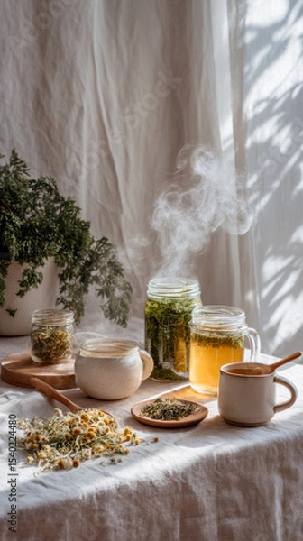 Fototapeta Chamomile tea for holistic gentle remedy and calming. 