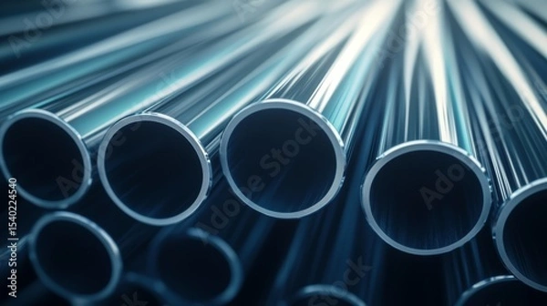Fototapeta Heap of shiny cylindrical steel pipes stacked in random pile with selective focus, showing smooth metallic surface, industrial structure, construction material, and 3d metal manufacturing concept