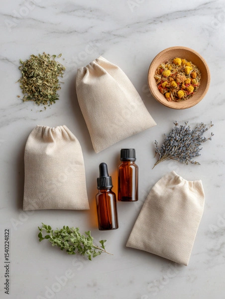 Fototapeta Linen texture flatlay with apothecary essentials and wildcrafted herbs for natural remedy preparation