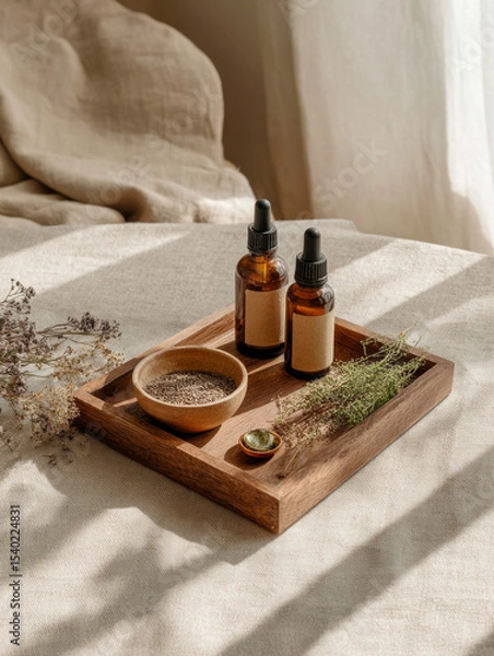 Fototapeta Amber bottles and herbs, natural benefits of chamomile, nettle, and calendula in holistic wellness