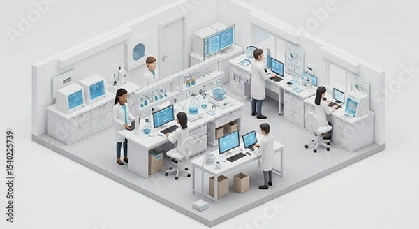 Fototapeta Isometric View of a Pixelated Laboratory with Scientists Working on Computers and Medical Research in a Brightly Lit White and Light Blue Setting
