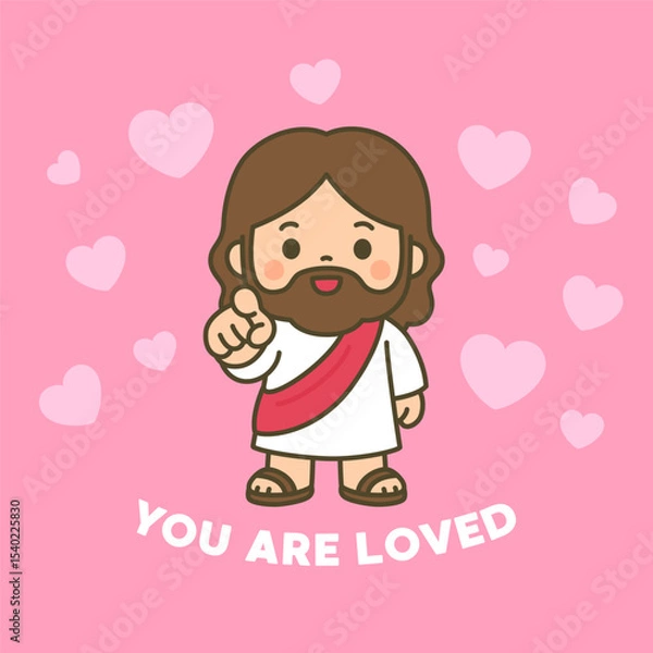 Fototapeta Cute Jesus Surrounded by Pink Hearts Pointing with You Are Loved Message